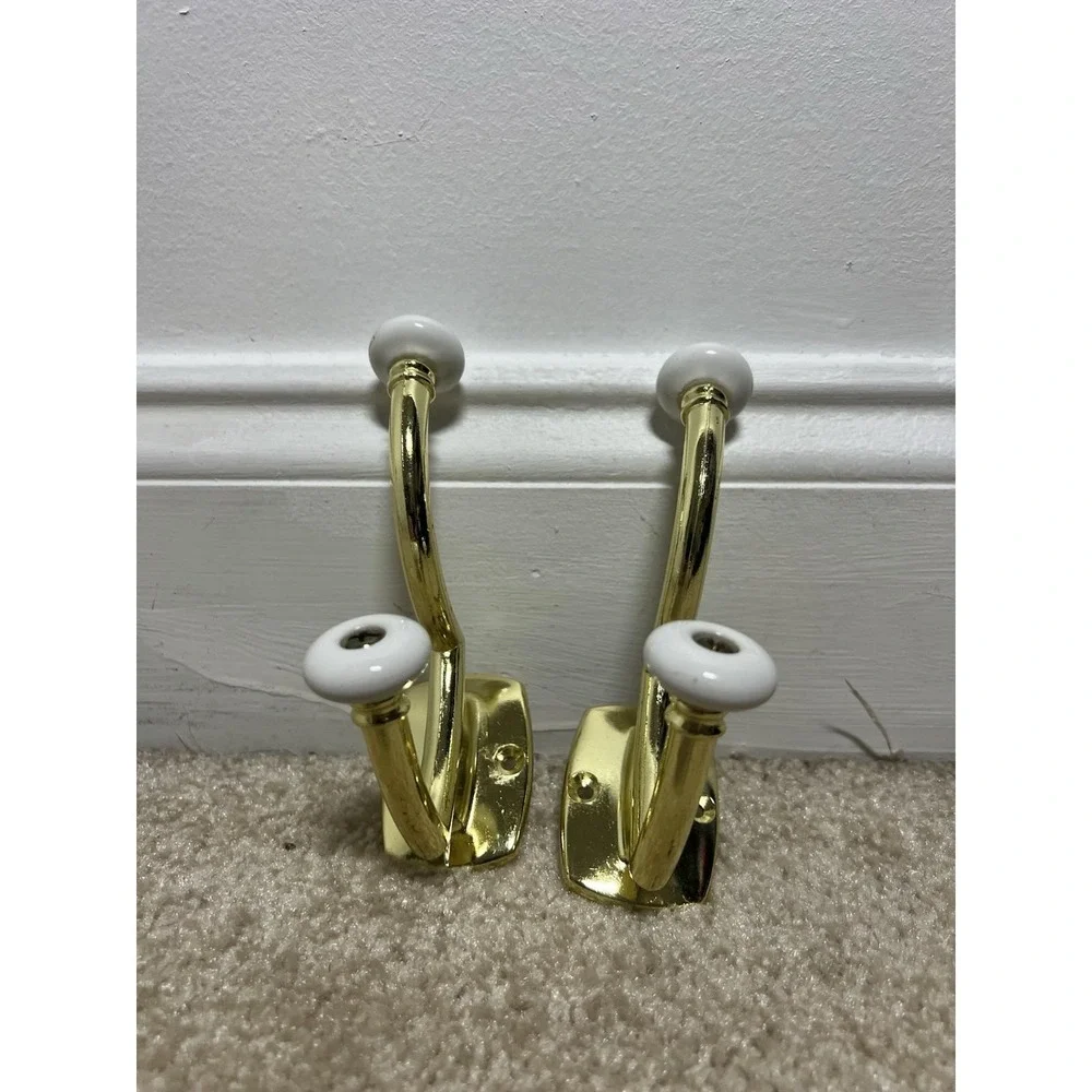 2 Vintage Metal Gold Wall Mount Coat Towel Double Hook Hanger Porcelain Knobs